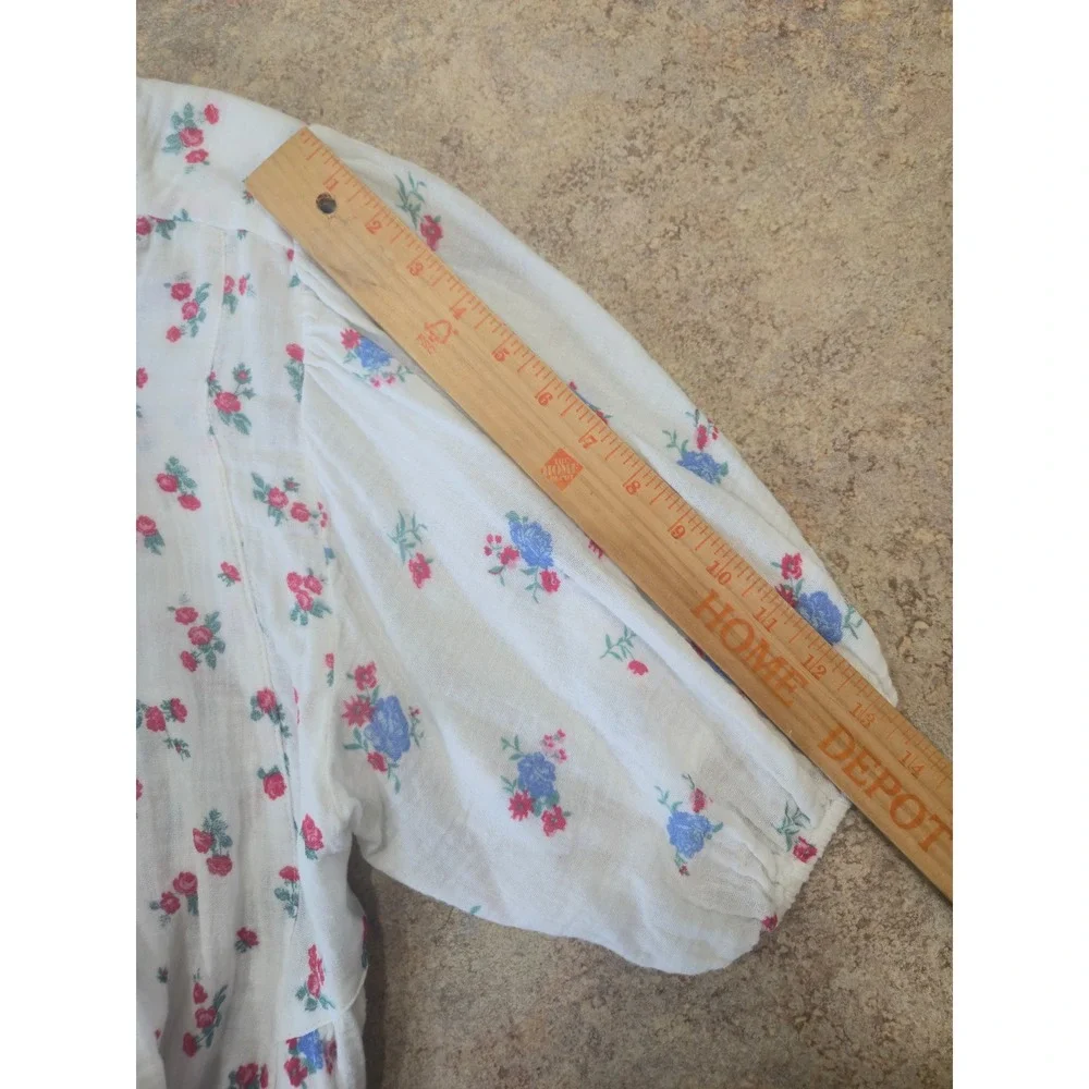 Free People Floral Puff Sleeve Open Back Tie Blouse White Red Blue Medium